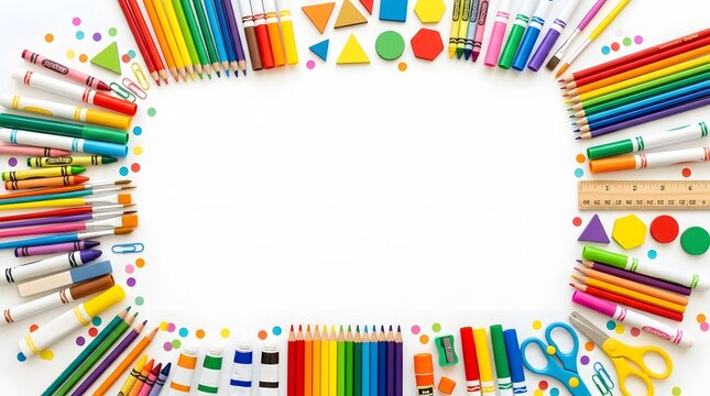 School supplies frame with colorful pencils, markers, and stationery isolated on white background