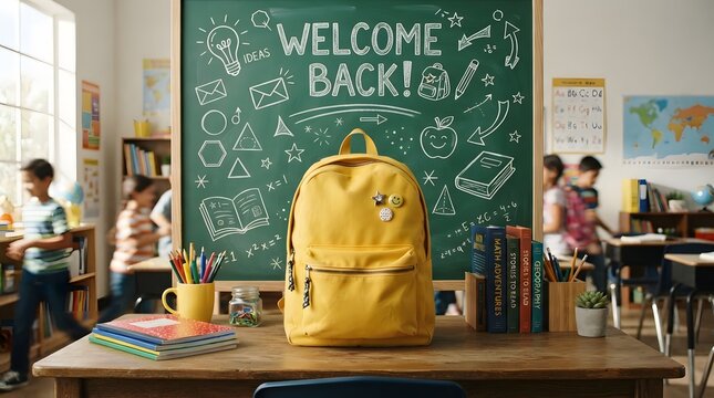 Yellow backpack on classroom desk with welcome back chalkboard background
