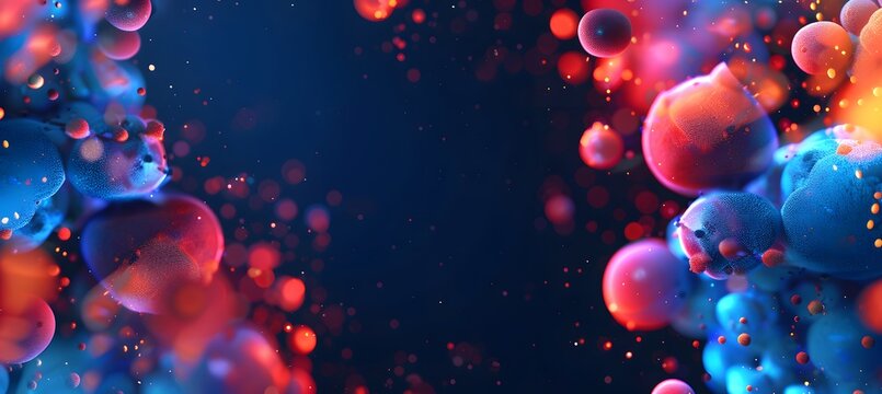Abstract glowing spheres in vibrant red and blue colors float in dark space creating a dynamic textured particle composition
