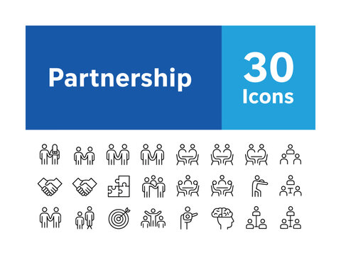 Partnership Web Icon Set in Linear Style. Collection of Collaboration line icons, including agreement, plan, teamwork, synergy, success and win-win solution, cooperative and more. Editable stroke