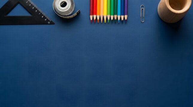 Top view of school supplies on a blue background