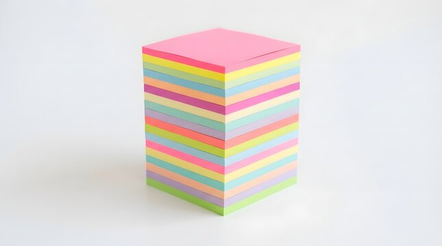 A stack of colorful pastel sticky notes arranged in a cube shape isolated on white background