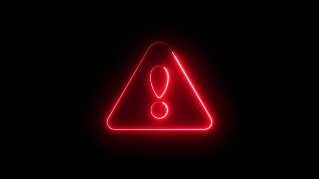 Glowing neon red color warning attention sign icon animation danger risk alert error stop signal emergency hazard problem issue sign symbol on black background