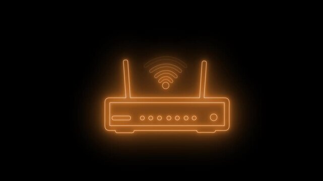 Glowing wifi router icon on black background, simple neon style network symbol with wireless signal and antennas animation