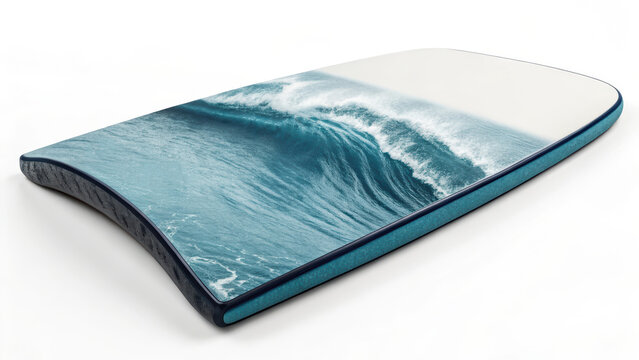 A boogie board with a dynamic ocean wave design, perfect for capturing the thrill of surfing. The board features a white top and a dark blue trim, set against a clean background