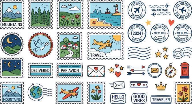 Vintage Travel Postage Stamp Vector Set with Postmarks, Airmail Envelopes, Nature Landscapes, and Cute Doodle Adventure Stickers