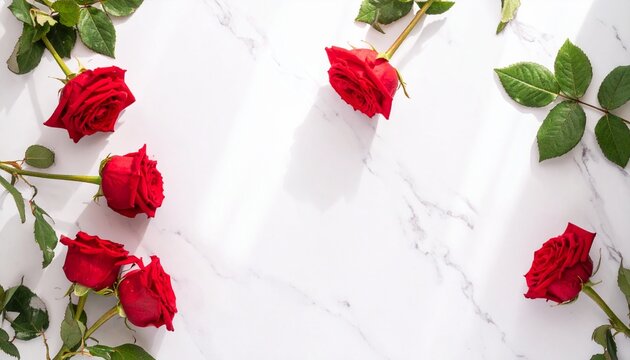 From above composition of blooming fresh red rose flowers arranged on white marble