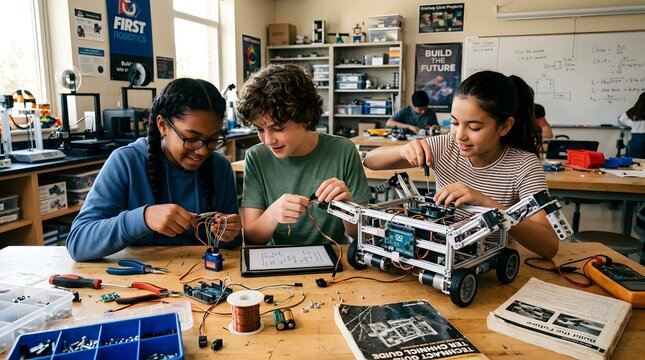 Diverse group of students working on a robotics project in a classroom