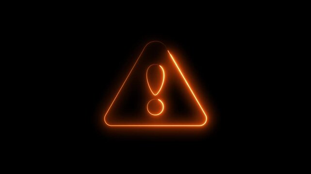 Glowing neon orange color warning attention sign icon animation danger risk alert error stop signal emergency hazard problem issue sign symbol on black background