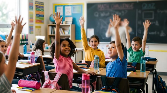 Diverse elementary students raising hands in classroom