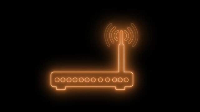 Glowing wireless router icon on a black background with signal waves, simple modern technology symbol animation