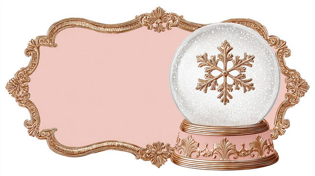 This vintage decorative graphic features an ornate rose-gold carved frame with a blank pink label area, paired with a snow globe that has a golden snowflake pattern inside its transparent glass sphere