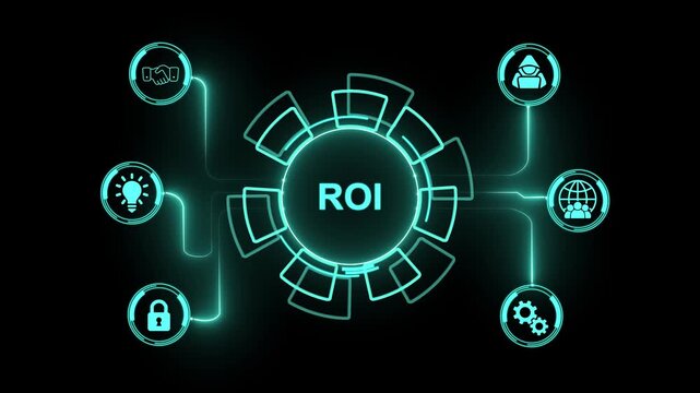Glowing Cyan ROI Business Concept with Connected Icons on Black Background return on investment finance