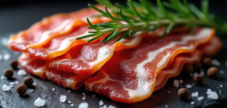 Raw smoked bacon slices with rosemary herb on black slate board. Pieces of pork meat with salt, peppercorns lie on dark surface. Fresh thin strips for cooking meal preparation breakfast snack top