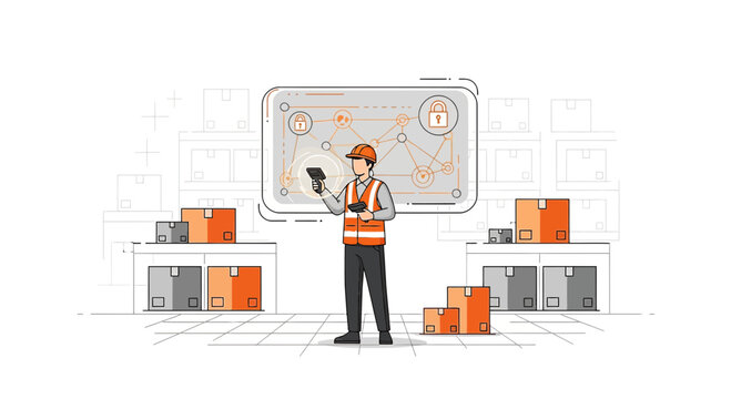 Warehouse worker scanning packages with barcode scanner, logistics and inventory concept