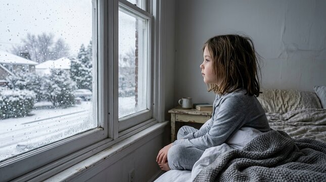 child watching snow from bed