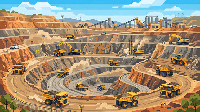 Vector Illustration of Open Pit Mining Quarry with Heavy Dump Trucks and Excavators Working on Terraced Site