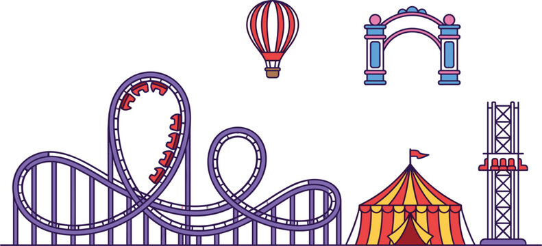 Amusement Park Attractions Set Featuring Looping Roller Coaster Track, Striped Circus Tent, Free Fall Drop Tower, Hot Air Balloon, and Entrance Gate Archway