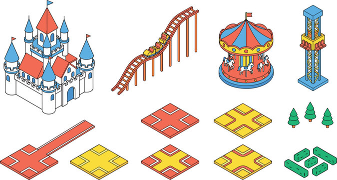 Isometric Amusement Park Building Kit Vector Elements Featuring Fantasy Castle, Roller Coaster, Carousel, Drop Tower, and Map Path Tiles