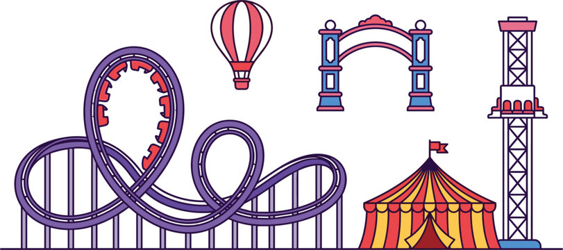 Amusement Park Attractions Vector Icon Set Featuring Looping Roller Coaster, Circus Tent, Free Fall Drop Tower, Hot Air Balloon, and Entrance Archway