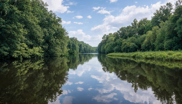 Calm river reflecting the blue sky and white clouds surrounded by dense green deciduous forest trees on both sides during a summer day