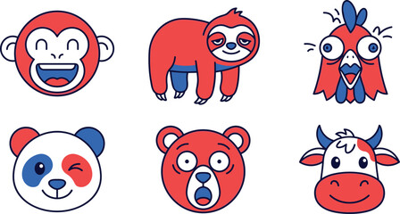 Fototapeta premium Set of cute animal faces and characters, monkey, sloth, chicken, panda, bear and cow, flat vector illustration