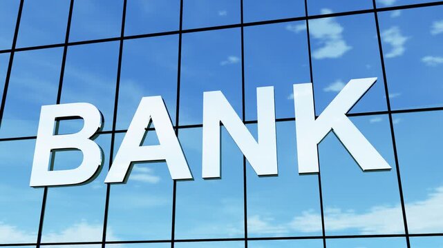 Bank sign on glass building. Modern bank building with a glass facade and prominent bank signage, ideal for finance, banking, corporate business, investment, and financial services concepts.