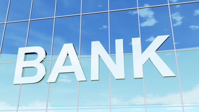 Bank sign on glass building. Modern bank building with a glass facade and prominent bank signage, ideal for finance, banking, corporate business, investment, and financial services concepts.