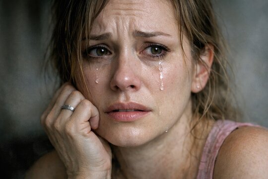 A woman with a tearful expression