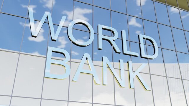 World Bank sign on glass building. Modern bank building with a glass facade and prominent world bank signage, ideal for finance, banking, corporate business, investment, and financial services concept