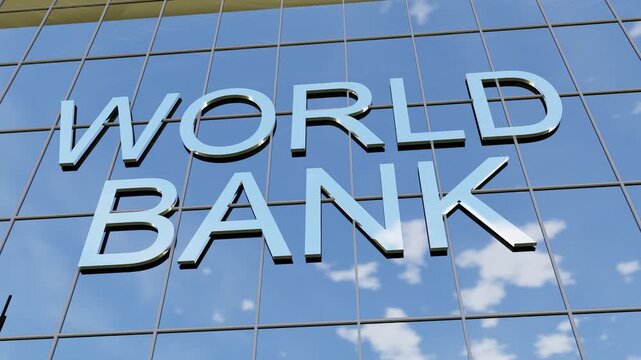 World Bank sign on glass building. Modern bank building with a glass facade and prominent world bank signage, ideal for finance, banking, corporate business, investment, and financial services concept