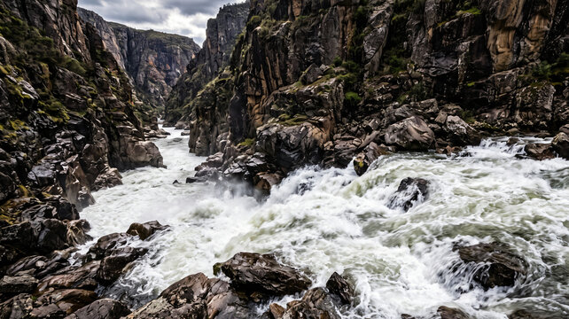HDR photography of violently churning white water rapids in a deep rocky river gorge