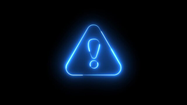 Glowing neon blue color warning attention sign icon animation danger risk alert error stop signal emergency hazard problem issue sign symbol on black background