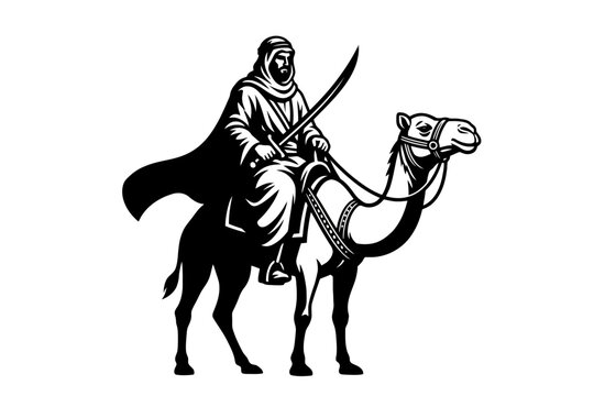 Arab warrior riding camel holding scimitar sword illustration