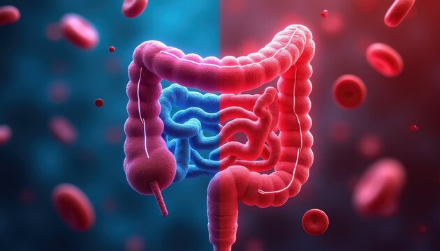 Medical comparison showing healthy versus diseased colon tissue. Blue side normal intestinal function red highlights cancer inflammation pathology. Scientific illustration visualizes digestive tract