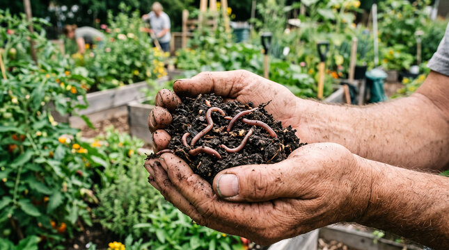 Hands holding compost soil for gardening. Organic fertilizer and healthy planting.