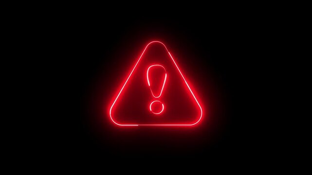 Glowing neon red color warning attention sign icon animation danger risk alert error stop signal emergency hazard problem issue sign symbol on black background