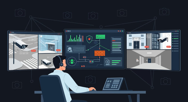 Security camera surveillance system dashboard with operator monitoring feeds