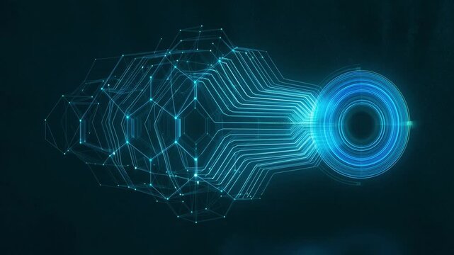 Abstract digital technology concept with glowing cyan circuit lines and geometric network nodes on dark background