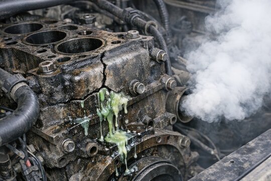 A close-up shot of a dirty industrial engine emitting steam