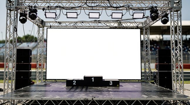 Outdoor stage with large LED screen and podium for awards ceremony.