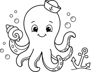 Cute cartoon octopus sailor with shell and anchor coloring page