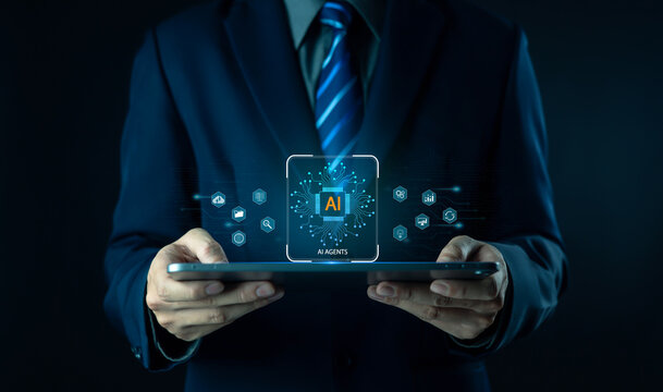 Businessman holding digital globe with AI technology icons, representing artificial intelligence, innovation, data analytics, and future business transformation in the modern digital world.