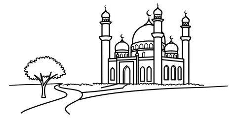 Black and white line art drawing of a mosque with a dome and minarets near a tree © Nikhil Ray