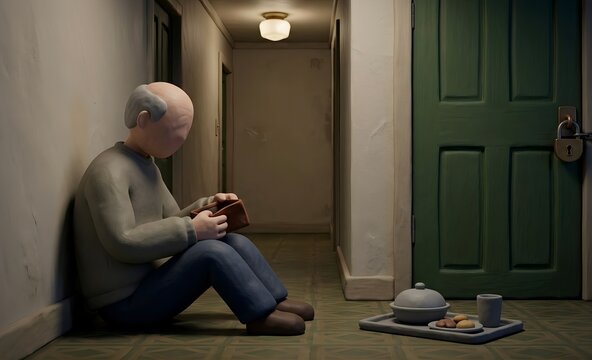 3D illustration of an exhausted faceless elderly parent sitting next to a heavy locked door with a meal tray, representing the 8050 problem, aging hikikomori, and prolonged social isolation