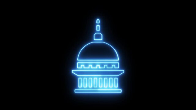 Glowing neon capitol building icon. Digital government symbol with blue light effect.
