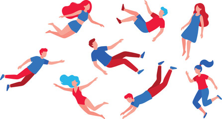 People floating and flying in the air vector concept set with men and women falling diving soaring and swimming in space