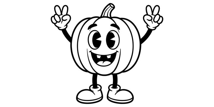 Happy cartoon pumpkin character showing peace sign hand gesture in retro vintage style