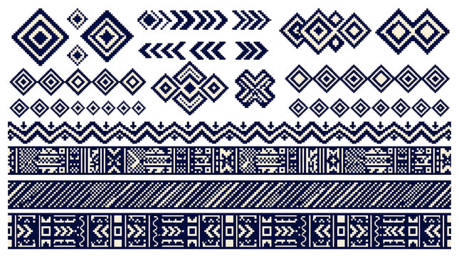 Geometric Pattern Collection: A set of assorted geometric tribal patterns and borders in navy blue on a white background, featuring diamonds, chevrons, and zigzag motifs.