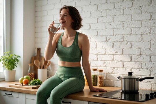 Slim woman in green sportswear sits on kitchen counter, drinks fresh water. Happy girl enjoys morning routine at home. Healthy female person smiles during breakfast preparation. Athlete maintains